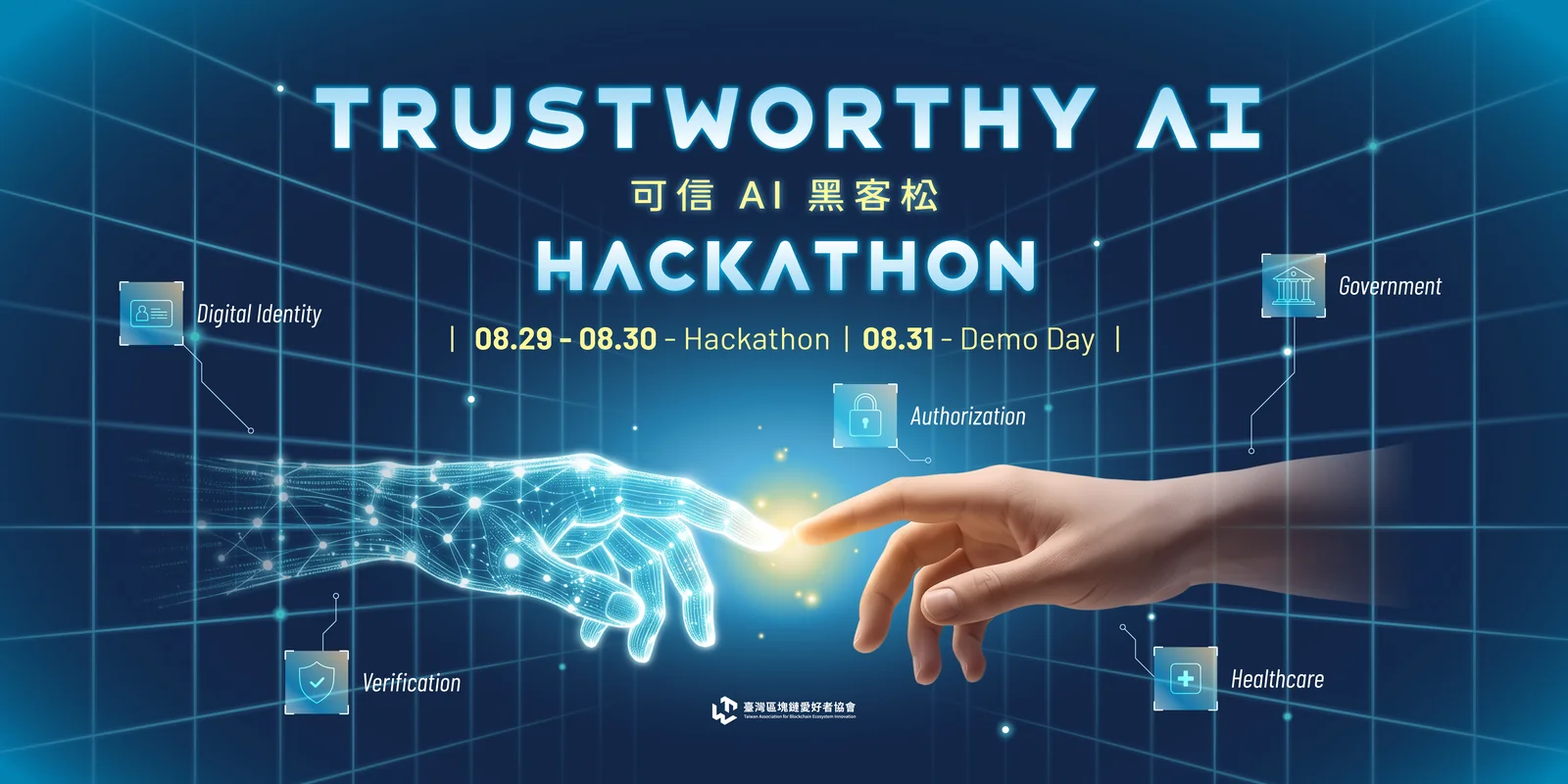 可信 AI 黑客松主視覺，人手與數位之手相觸，周圍標示數位身分、授權、驗證、政府與醫療五個主題